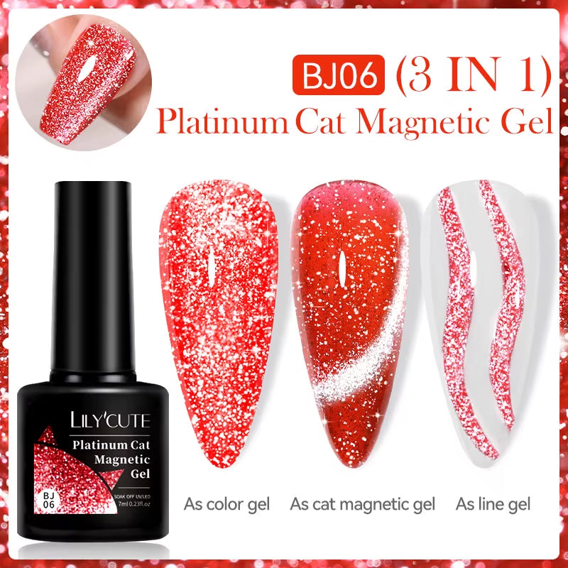 7ML 3 in 1 Platinum Rose Gold Cat Magnetic Gel Nail Polish Moonlight Magnetic Gel Varnish Glitter Semi Permanent UV Gel