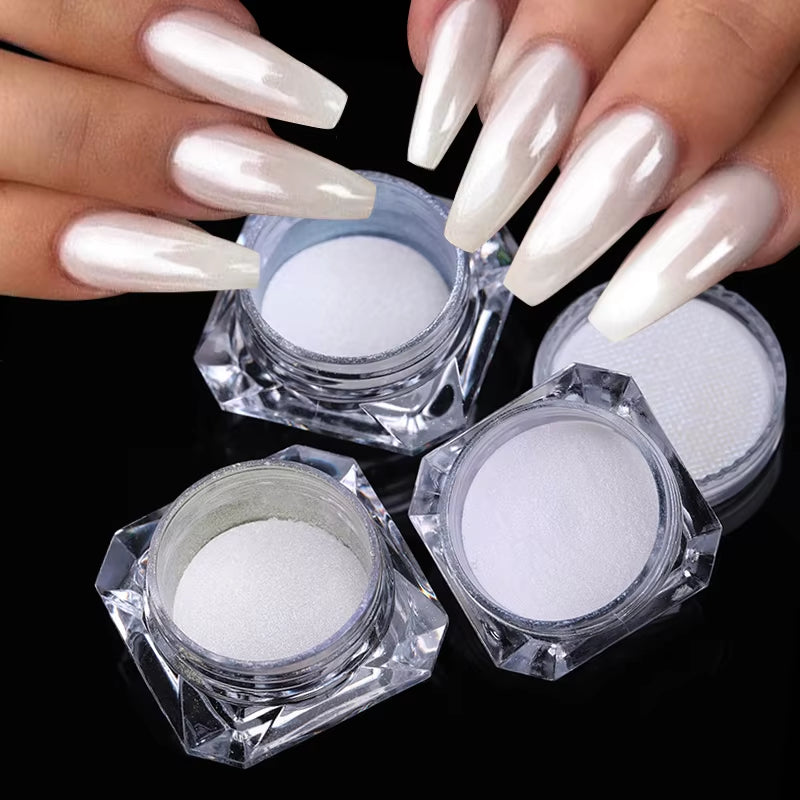 Aurora Pearl White Nails Glitter Dust Moonlight White Rubbing on Powder Shell Pigment Nail Art Supplies Decoration