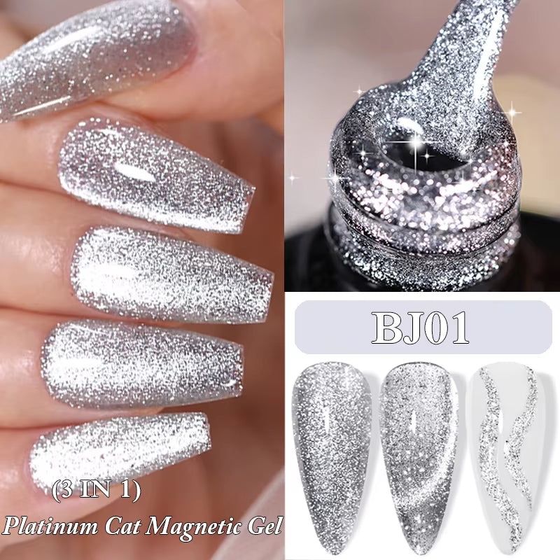 7ML 3 in 1 Platinum Rose Gold Cat Magnetic Gel Nail Polish Moonlight Magnetic Gel Varnish Glitter Semi Permanent UV Gel