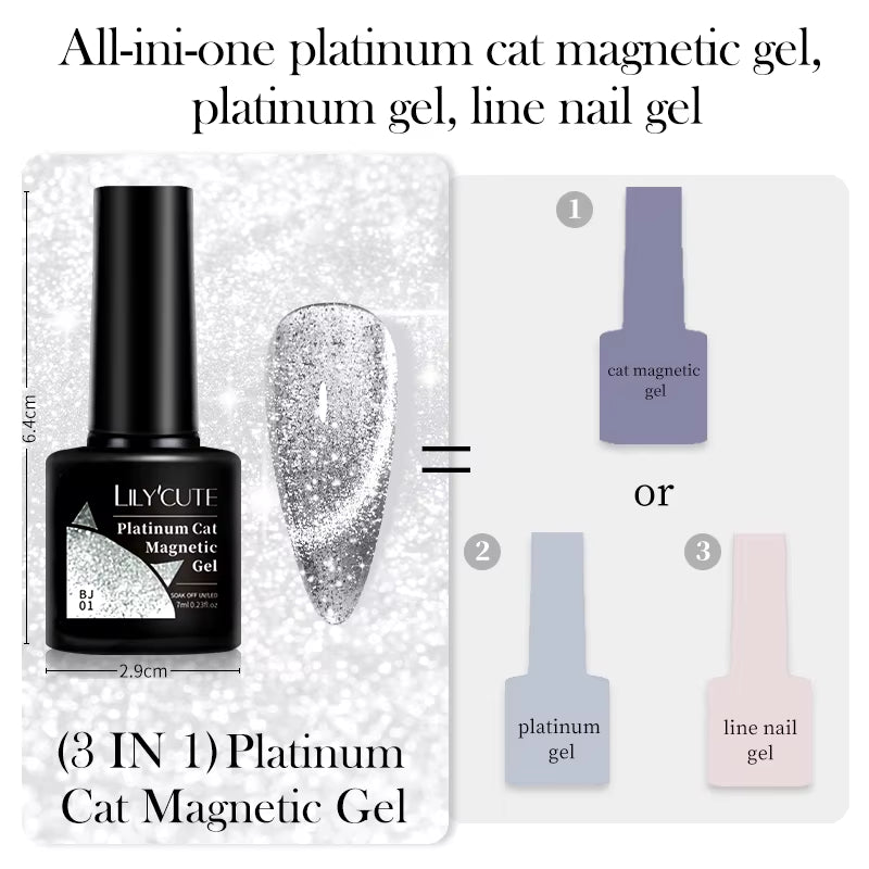 7ML 3 in 1 Platinum Rose Gold Cat Magnetic Gel Nail Polish Moonlight Magnetic Gel Varnish Glitter Semi Permanent UV Gel