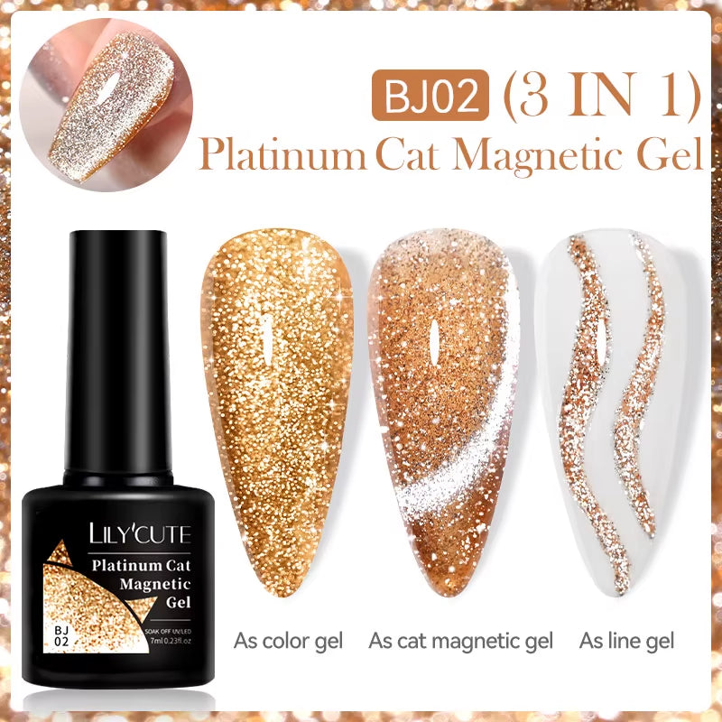 7ML 3 in 1 Platinum Rose Gold Cat Magnetic Gel Nail Polish Moonlight Magnetic Gel Varnish Glitter Semi Permanent UV Gel