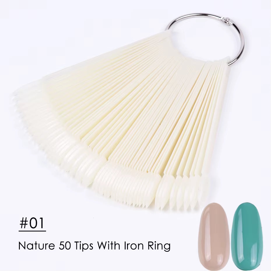 50Pcs False Nail Display Tips Clear Nature Color Chart Oval Fan Style UV Gel Polish Swatch Shows Palette Practice Manicure Tools