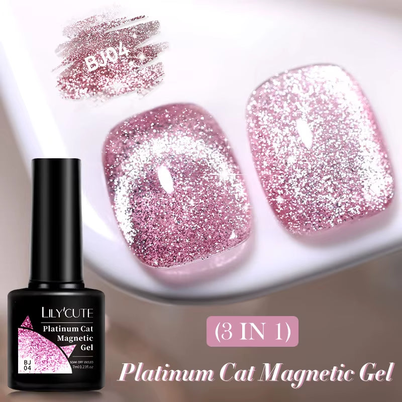7ML 3 in 1 Platinum Rose Gold Cat Magnetic Gel Nail Polish Moonlight Magnetic Gel Varnish Glitter Semi Permanent UV Gel