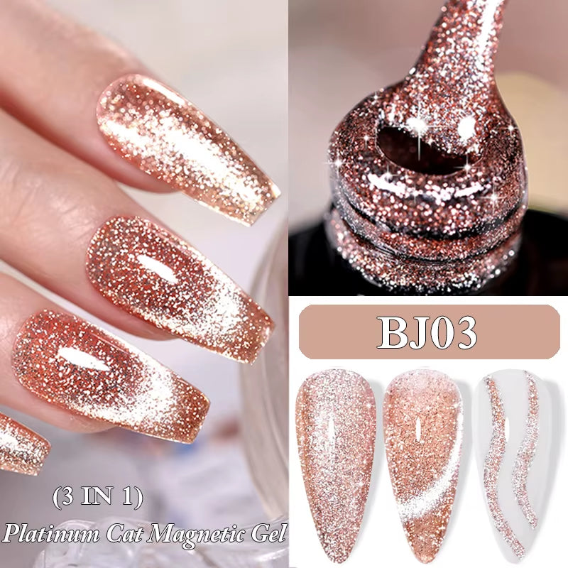 7ML 3 in 1 Platinum Rose Gold Cat Magnetic Gel Nail Polish Moonlight Magnetic Gel Varnish Glitter Semi Permanent UV Gel