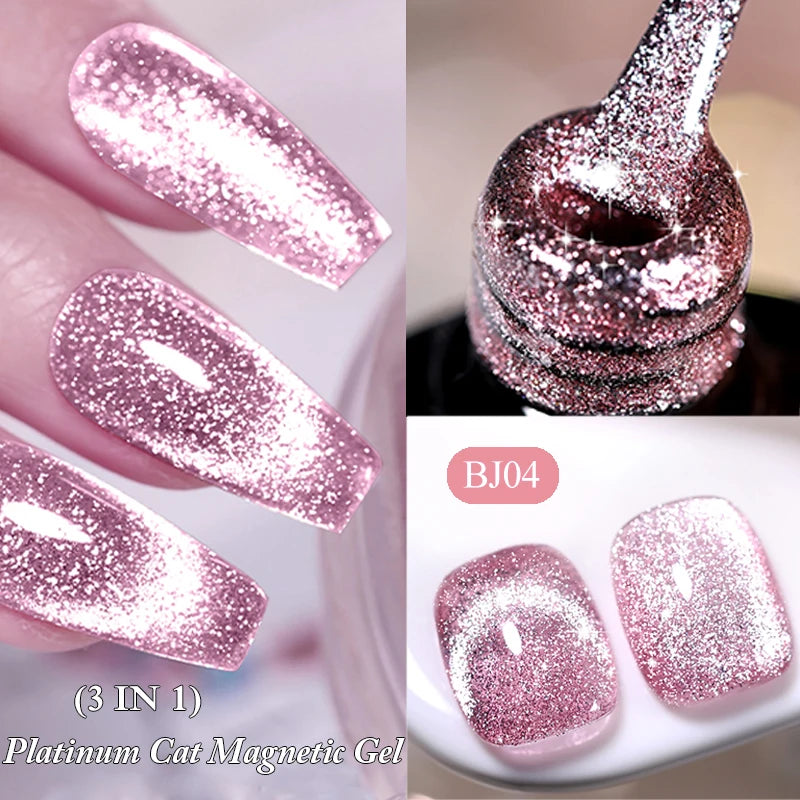 7ML 3 in 1 Platinum Rose Gold Cat Magnetic Gel Nail Polish Moonlight Magnetic Gel Varnish Glitter Semi Permanent UV Gel