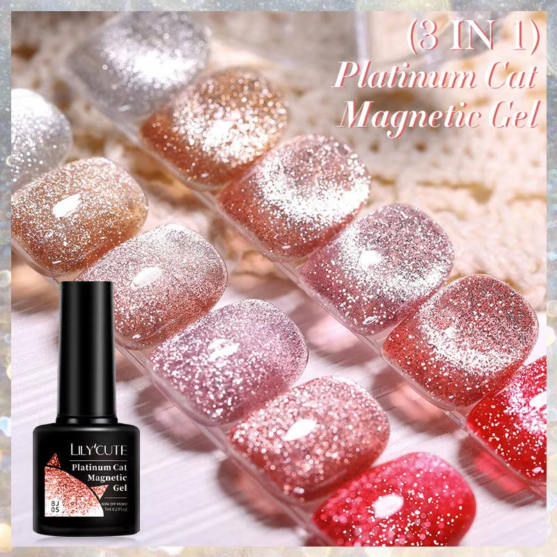 7ML 3 in 1 Platinum Rose Gold Cat Magnetic Gel Nail Polish Moonlight Magnetic Gel Varnish Glitter Semi Permanent UV Gel