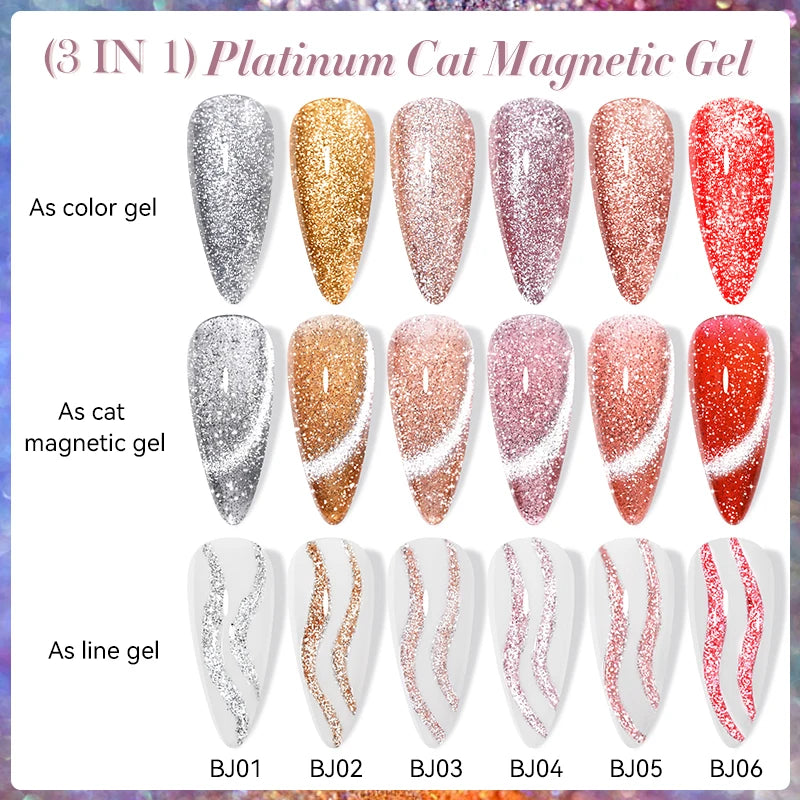 7ML 3 in 1 Platinum Rose Gold Cat Magnetic Gel Nail Polish Moonlight Magnetic Gel Varnish Glitter Semi Permanent UV Gel