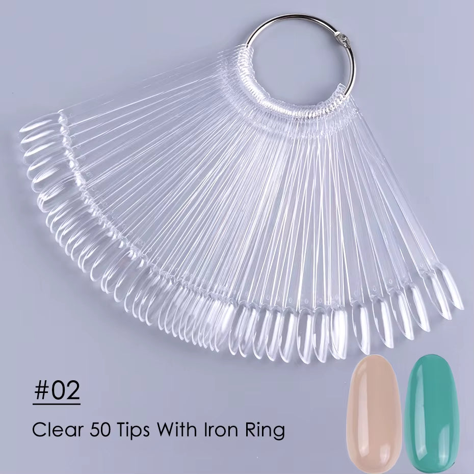 50Pcs False Nail Display Tips Clear Nature Color Chart Oval Fan Style UV Gel Polish Swatch Shows Palette Practice Manicure Tools